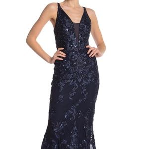 Marina Formal Gown Navy Mermaid Deep V